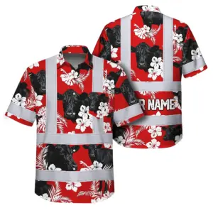 Hi Vis Hawaiian Shirt Reflective Tapes Red Flower Black Cow Custom Name Safety Workwear For Workers, Truckers, Operators, Company