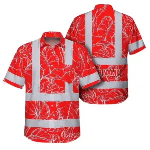Hi Vis Hawaiian Shirt Reflective Tapes Red Neon Flowers Custom Name Safety Workwear For Workers, Truckers, Operators