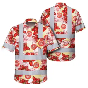 Hi Vis Hawaiian Shirt Reflective Tapes Red Pink Neon And White Flowers Custom Name And Logo Safety Workwear For Workers, Truckers, Operators, Company
