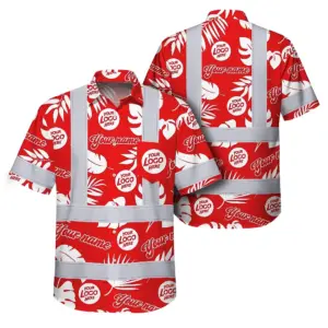 Hi Vis Hawaiian Shirt Reflective Tapes Red White Custom Name And Logo Safety Workwear For Workers, Truckers, Operators, Company