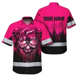 Hi Vis Hawaiian Shirt Reflective Tapes Skull Pink Neon Workwear Safety For Women Men Worker, Trucker, Operator, Skull Lovers, Drivers, Runners