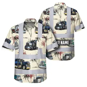 Hi Vis Hawaiian Shirt Reflective Tapes Vintage Truck 2 Custom Name Safety Workwear For Workers, Truckers, Operators, Company