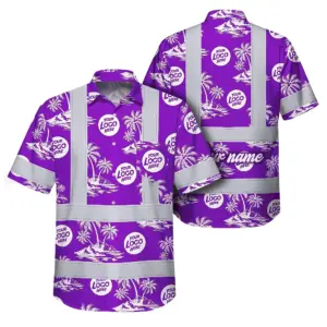 Hi Vis Hawaiian Shirt Reflective Tapes Violet Neon And White Flowers Custom Name And Logo Safety Workwear For Workers, Truckers, Operators, Company