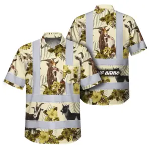 Hi Vis Hawaiian Shirt Reflective Tapes Yellow And Goat Custom Name Safety Workwear For Workers, Truckers, Operators, Company