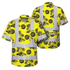 Hi Vis Hawaiian Shirt Reflective Tapes Yellow Neon And Black Flowers Custom Name And Logo Safety Workwear For Workers, Truckers, Operators, Company