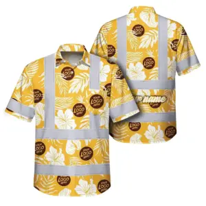 Hi Vis Hawaiian Shirt Reflective Tapes Yellow Neon And White Flowers Custom Name And Logo Safety Workwear For Workers, Truckers, Operators, Company
