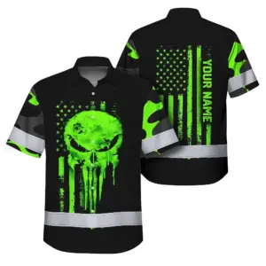 Hi Vis Hawaiian Shirt Reflective US Flag Camo Skull Custom Name Safety Workwear For Runners, Truckers, Skull Lovers