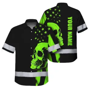 Hi Vis Hawaiian Shirt Skull USA Flag Orange Reflective High Visibility Custom Name Safety Workwear 53