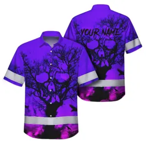 Hi Vis Hawaiian Shirt With Violet Neon Forest Skull And Custom Name For Safety Workwear