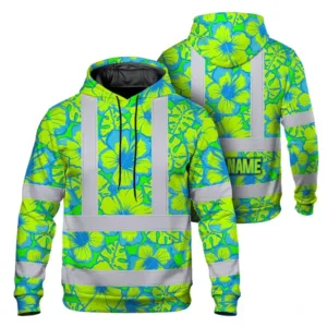 Hi Vis Hoodie Reflective Tapes Blue Neon And Green Flowers Custom Name Safety Workwear For Workers, Truckers, Operators