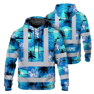 Hi Vis Hoodie Reflective Tapes Blue Neon Flowers 4 Custom Name Safety Workwear For Workers, Truckers, Operators