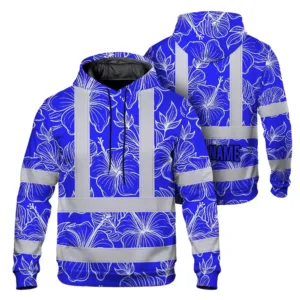 Hi Vis Hoodie Reflective Tapes Blue Neon Flowers Custom Name Safety Workwear For Workers, Truckers, Operators
