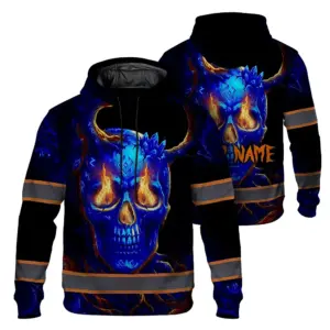 Hi Vis Hoodie Reflective Tapes Blue Orange Neon Skull Custom Name Safety Workwear For Workers, Runners, Cyclists