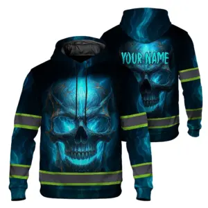 Hi Vis Hoodie Reflective Tapes Gradient Blue Neon Skull Custom Name Safety Workwear For Workers, Runners, Cyclists