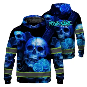 Hi Vis Hoodie Reflective Tapes Gradient Blue Neon Skull Custom Name Safety Workwear For Workers, Runners, Cyclists