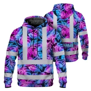 Hi Vis Hoodie Reflective Tapes Gradient Blue Violet Custom Name Safety Workwear For Workers, Truckers, Operators