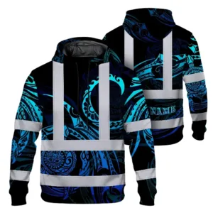 Hi Vis Hoodie Reflective Tapes Gradient Turtle Hawaiian Polynesian Tribal Custom Name Safety Workwear For Workers, Truckers, Operators