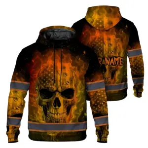 Hi Vis Hoodie Reflective Tapes Gradient Yellow Orange Neon Skull Custom Name Safety Workwear For Workers, Runners, Cyclists