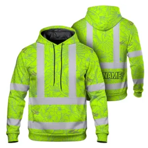 Hi Vis Hoodie Reflective Tapes Green Grey Flowers Custom Name Safety Workwear For Workers, Truckers, Operators