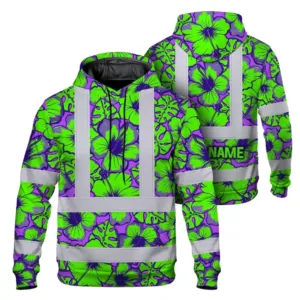 Hi Vis Hoodie Reflective Tapes Green Neon And Violet Flowers Custom Name Safety Workwear For Workers, Truckers, Operators