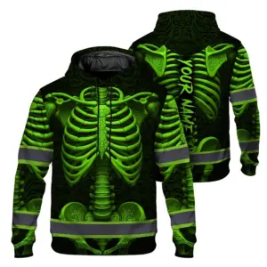Hi Vis Hoodie Reflective Tapes Green Neon Bone Skull Custom Name Safety Workwear For Workers, Runners, Cyclists