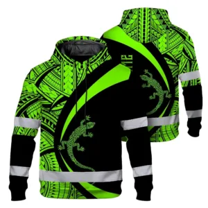 Hi Vis Hoodie Reflective Tapes Green Neon Hawaii Custom Name Safety Workwear For Workers, Truckers, Operators