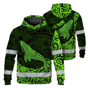 Hi Vis Hoodie Reflective Tapes Green Neon Hawaii Whale Custom Name Safety Workwear For Workers, Truckers, Operators