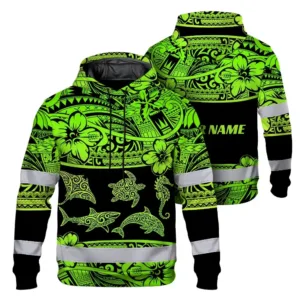 Hi Vis Hoodie Reflective Tapes Green Neon Hawaiian Polynesian Tribal Custom Name Safety Workwear For Workers, Truckers, Operators