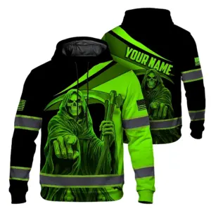 Hi Vis Hoodie Reflective Tapes Green Neon Skull US Flag Custom Name Safety Workwear For Workers, Runners, Cyclists