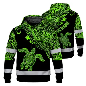 Hi Vis Hoodie Reflective Tapes Green Neon Turtle Hawaii Custom Name Safety Workwear For Workers, Truckers, Operators