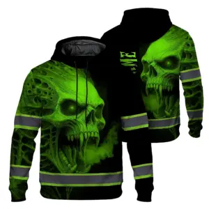 Hi Vis Hoodie Reflective Tapes Green Smoke Neon Skull Custom Name Safety Workwear For Workers, Runners, Cyclists