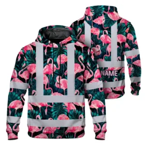 Hi Vis Hoodie Reflective Tapes Hawaii Flamingo Custom Name Safety Workwear For Workers, Truckers, Operators