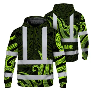 Hi Vis Hoodie Reflective Tapes Hawaiian Polynesian Tribal Custom Name Safety Workwear For Workers, Truckers, Operators
