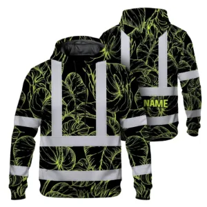 Hi Vis Hoodie Reflective Tapes Lime Neon Flowers Custom Name Safety Workwear For Workers, Truckers, Operators