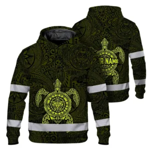 Hi Vis Hoodie Reflective Tapes Lime Neon Hawaii Turtle Custom Name Safety Workwear For Workers, Truckers, Operators