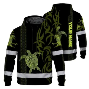 Hi Vis Hoodie Reflective Tapes Lime Neon Hawaiian Polynesian Tribal Custom Name Safety Workwear For Workers, Truckers, Operators