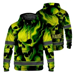 Hi Vis Hoodie Reflective Tapes Lime Neon Skull Custom Name Safety Workwear For Workers, Runners, Cyclists