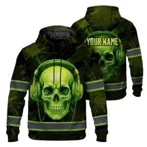 Hi Vis Hoodie Reflective Tapes Lime Neon Skull Custom Name Safety Workwear For Workers, Runners, Cyclists