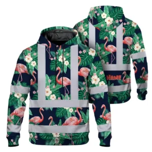 Hi Vis Hoodie Reflective Tapes Neon Pink Flowers 2 Custom Name Safety Workwear For Workers, Truckers, Operators