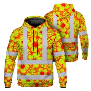 Hi Vis Hoodie Reflective Tapes Orange Neon And Yellow Flowers Custom Name Safety Workwear For Workers, Truckers, Operators