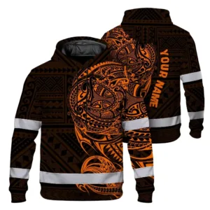 Hi Vis Hoodie Reflective Tapes Orange Neon Hawaiian Polynesian Tribal Custom Name Safety Workwear For Workers, Truckers, Operators