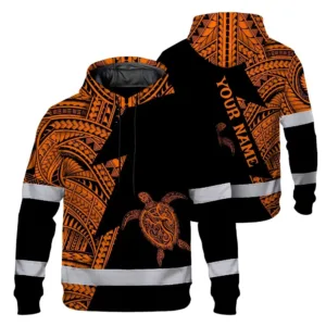 Hi Vis Hoodie Reflective Tapes Orange Neon Turtle Hawaii Custom Name Safety Workwear For Workers, Truckers, Operators