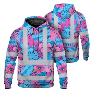 Hi Vis Hoodie Reflective Tapes Pink Neon And Blue Flowers Custom Name Safety Workwear For Workers, Truckers, Operators