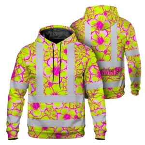 Hi Vis Hoodie Reflective Tapes Pink Neon And Lime Flowers Custom Name Safety Workwear For Workers, Truckers, Operators
