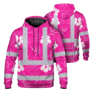 Hi Vis Hoodie Reflective Tapes Pink Neon Flowers Custom Name Safety Workwear For Workers, Truckers, Operators