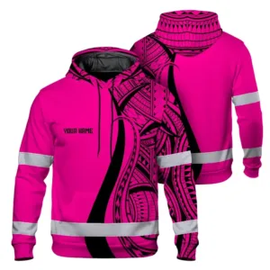 Hi Vis Hoodie Reflective Tapes Pink Neon Hawaii Custom Name Safety Workwear For Workers, Truckers, Operators