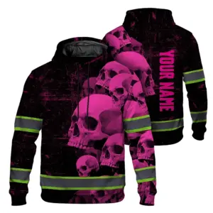 Hi Vis Hoodie Reflective Tapes Pink Neon Skull Custom Name Safety Workwear For Workers, Runners, Cyclists