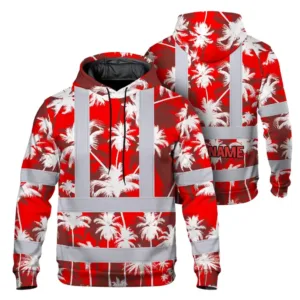 Hi Vis Hoodie Reflective Tapes Red Neon Flowers Custom Name Safety Workwear For Workers, Truckers, Operators