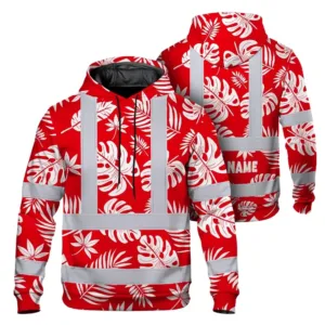 Hi Vis Hoodie Reflective Tapes Red Neon Flowers Custom Name Safety Workwear For Workers, Truckers, Operators