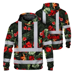 Hi Vis Hoodie Reflective Tapes Red Neon Flowers Custom Name Safety Workwear For Workers, Truckers, Operators